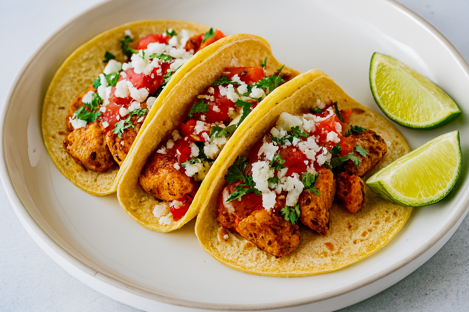 Delicious chicken tacos with fresh toppings, lime, and cilantro on warm tortillas