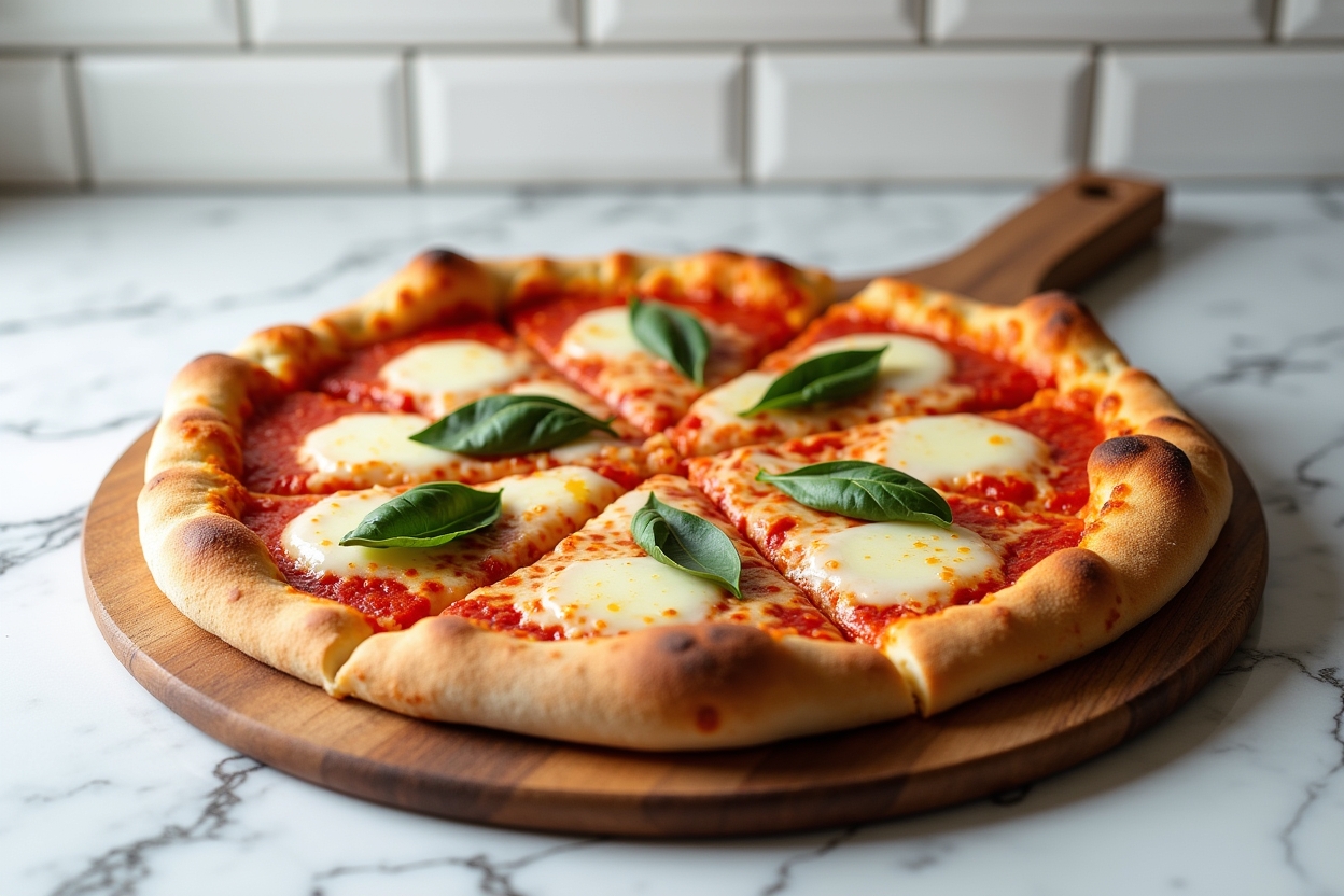 Classic Margherita pizza with melted mozzarella, fresh basil, and golden crust